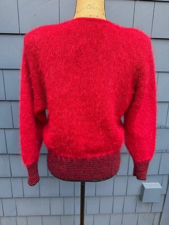 Vintage Red Fuzzy Cardigan with Black Trim Dar Genie Mohair blend med - Picture 4 of 7